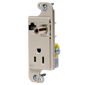 J-Load Media Outlet, 15A 125V Tamper Resistant Receptacle, Cat 6 Jack, F Coax, Decorator Frame, Light Almond