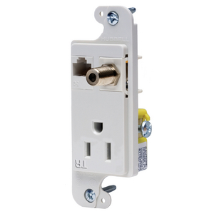 J-Load Media Outlet, 15A 125V Tamper Resistant Receptacle, Cat 6 Jack, F Coax, Decorator Frame, White
