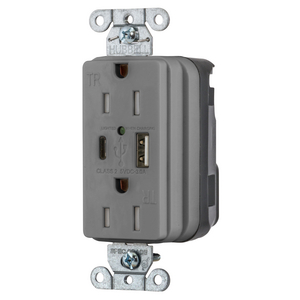 SNAPConnect USB Charger Receptacle, one USB Type A and one Type-C port, 3.0 Amp, 5 Volt DC, Gray