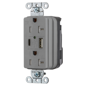 SNAPConnect USB Charger Receptacle, one USB Type A and one Type-C port, 3.0 Amp, 5 Volt DC, Gray