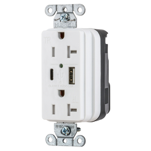 SNAPConnect USB Charger Receptacle, one USB Type A and one Type-C port, 3.0 Amp, 5 Volt DC, White