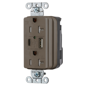 SNAPConnect USB Charger Receptacle, one USB Type A and one Type-C port, 3.0 Amp, 5 Volt DC, Brown