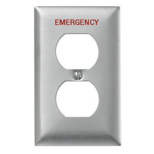 Wallplates and Boxes, Metallic Plates, 1- Gang, 1) Duplex Opening, Standard Size, Stainless Steel, Engraved EMERGENCY