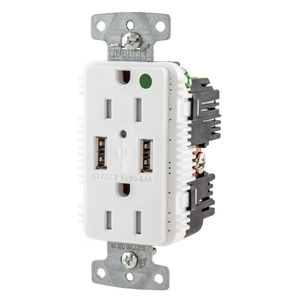 USB Charger Duplex Receptacle, HospitalGrade, 15A 125V, 2-Pole 3-Wire Grounding, 5-15R, 2) 5A "A" USB Ports, White