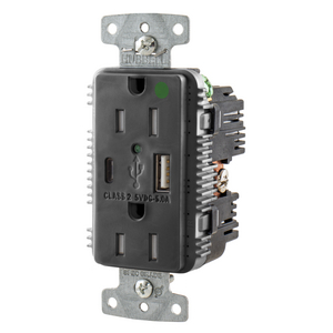 USB Charger Duplex Receptacle, HospitalGrade, 15A 125V, 2-Pole 3-Wire Grounding, 5-15R, 1) 5A "C" USB and "A"Ports, Black