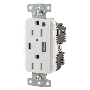 USB Charger Duplex Receptacle, HospitalGrade, 15A 125V, 2-Pole 3-Wire Grounding, 5-15R, 1) 5A "C" USB and "A"Ports, White