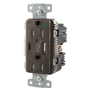 USB Charger Duplex Receptacle, HospitalGrade, 15A 125V, 2-Pole 3-Wire Grounding, 5-15R, 1) 5A "C" USB and "A"Ports, Brown