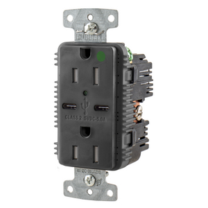 USB Charger Duplex Receptacle, 20A 125V, Hospital Grade, 2-Pole 3-Wire Grounding, 5-20R, 2) 5A "C" Ports, Black