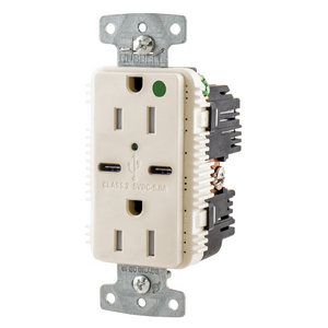 USB Charger Duplex Receptacle, HospitalGrade, 20A 125V, 2-Pole 3-Wire Grounding, 5-20R, 1) 5A "C" USB Ports, Light Almond