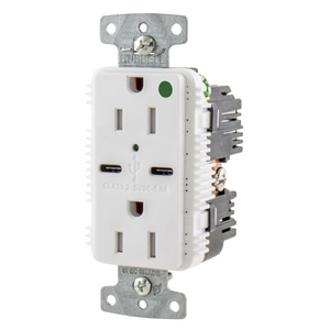 USB Charger Duplex Receptacle, HospitalGrade, 20A 125V, 2-Pole 3-Wire Grounding, 5-20R, 2) 5A "C" USB Ports, White
