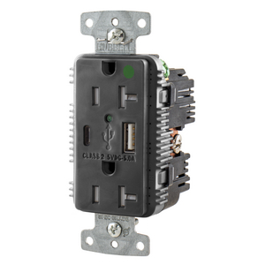 USB Charger Duplex Receptacle, HospitalGrade, 20A 125V, 2-Pole 3-Wire Grounding, 5-20R, 1) 5A "C" USB and "A"Ports, Black