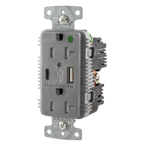 USB Charger Duplex Receptacle, HospitalGrade, 20A 125V, 2-Pole 3-Wire Grounding, 5-20R, 1) 5A "C" USB and "A"Ports, Gray