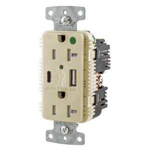 USB Charger Duplex Receptacle, HospitalGrade, 20A 125V, 2-Pole 3-Wire Grounding, 5-20R, 1) 5A "C" USB and "A"Ports, Ivory