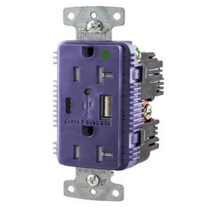 USB Charger Duplex Receptacle, HospitalGrade, 20A 125V, 2-Pole 3-Wire Grounding, 5-20R, 1) 5A "C" USB and "A"Ports, Purple