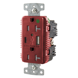USB Charger Duplex Receptacle, HospitalGrade, 20A 125V, 2-Pole 3-Wire Grounding, 5-20R, 1) 5A "C" USB and "A"Ports, Red