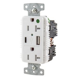USB Charger Duplex Receptacle, HospitalGrade, 20A 125V, 2-Pole 3-Wire Grounding, 5-20R, 1) 5A "C" USB and "A"Ports, White