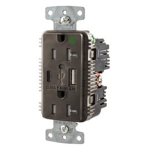 USB Charger Duplex Receptacle, HospitalGrade, 20A 125V, 2-Pole 3-Wire Grounding, 5-20R, 1) 5A "C" USB and "A"Ports, Brown