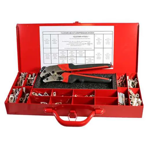 Image of Y122CMRCIKIT Ergonomic Full Cycle Ratchet Hand Crimper Kit: Y122CMR, carrying case, select YA-L, YAV, YAV-L, YS-L, and YSV Standard Barrel terminals and splices