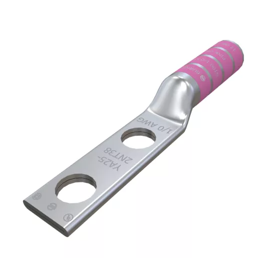 Image of YA252NT38 YA252NT38, Compression Terminal, 1/0 AWG Cu, 2-Hole, 3/8" Stud, 1" Spacing, Long Barrel, Narrow Tongue