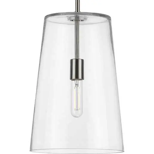 Brushed nickel one-light medium pendant with a clear glass shade.