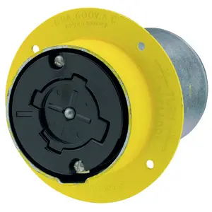 Image of 26421 Locking Devices, Bryant Power Interrupting, Industrial, Flanged Receptacle, 60A 600V AC, 3-Pole 4-Wire Grounding, Non-NEMA, Screw Terminal, Yellow