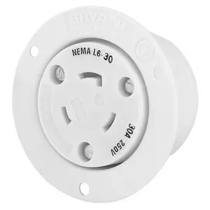 Image of 70630ER Locking Devices, Industrial, Flanged Receptacle, 30A 250V, 2-Pole 3-Wire Grounding, L6-30R, Screw Terminal, White