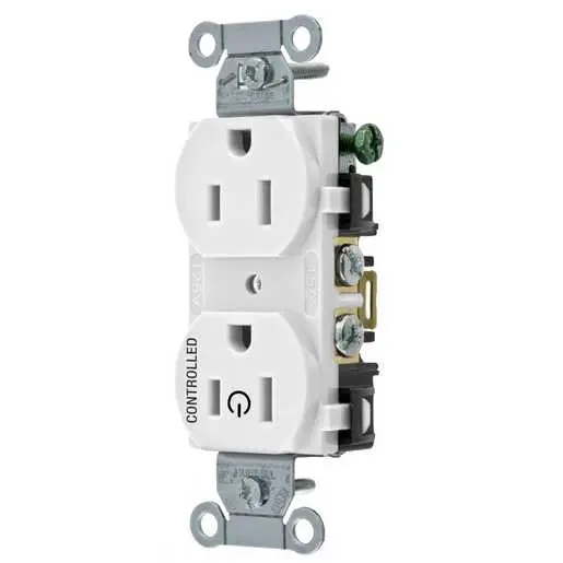 Image of CBRS15C1WHI Straight Blade Devices, Receptacles, Duplex, Commercial Grade, 1/2 Controlled, 15A 125V, 2-Pole 3-Wire Grounding, 5- 15R, White