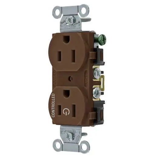 Image of CBRS15C1 Straight Blade Devices, Receptacles, Duplex, Commercial Grade, 1/2 Controlled, 15A 125V, 2-Pole 3-Wire Grounding, 5- 15R, Brown