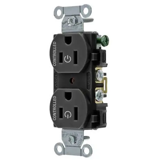 Image of CBRS15C2BLK Straight Blade Devices, Receptacles, Duplex, Commercial Grade, Controlled, 15A 125V, 2-Pole 3-Wire Grounding, 5-15R, Black