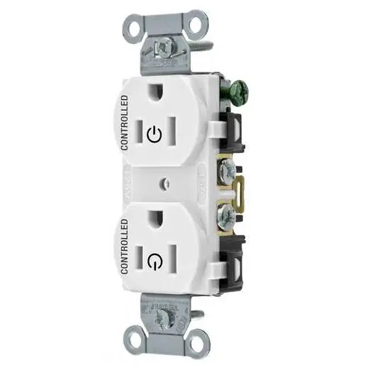 Image of CBRS15C2WHI Straight Blade Devices, Receptacles, Duplex, Commercial Grade, Controlled, 15A 125V, 2-Pole 3-Wire Grounding, 5-15R, White