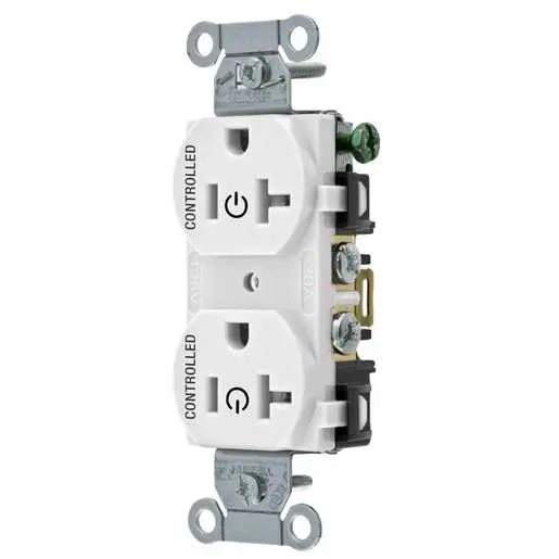 Image of CBRS20C2WHI Straight Blade Devices, Receptacles, Duplex, Commercial Grade, Controlled, 20A 125V, 2-Pole 3-Wire Grounding, 5-20R, Light White