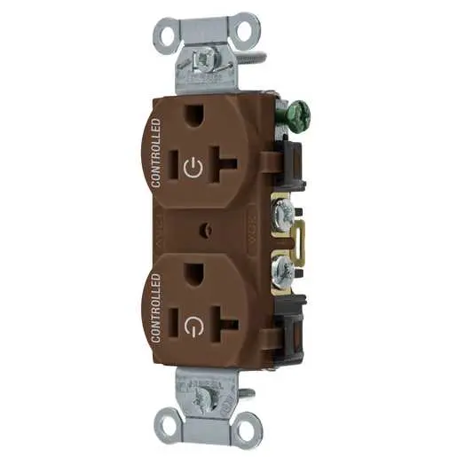 Image of CBRS20C2 Straight Blade Devices, Receptacles, Duplex, Commercial Grade, Controlled, 20A 125V, 2-Pole 3-Wire Grounding, 5-20R, Brown