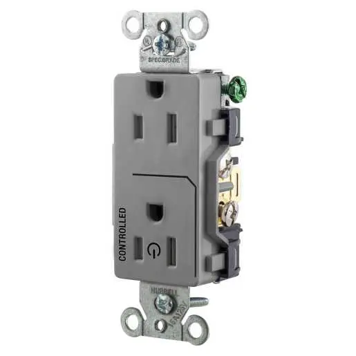 Image of DRS15C1GRY Straight Blade Devices, Receptacles, Decorator Duplex, Commercial Grade, 1/2 Controlled, 15A 125V, 2-Pole 3-Wire Grounding, 5-15R, Gray