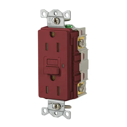 Image of GFRWR15R Power Protection Devices, Receptacle, Self Test, GFCI, WR, Commercial Grade, 15A 125V, 2-Pole 3-Wire Grounding, 5-15R, Red