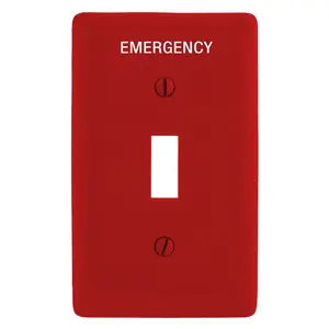 Image of NPJ1RME Wallplates and Box Covers, Wallplate, Nylon, Mid-Sized, 1-Gang, 1) Toggle, Marked "Emergency", Red