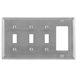 Image of SS326 Wallplates and Boxes, Metallic Plates, 4- Gang, 3) Toggle 1) GFCI Openings, Standard Size, Stainless Steel