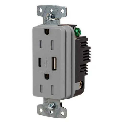 Image of USBB15ACGY USB Charger Duplex Receptacle, 15A 125V, 2-Pole 3-Wire Grounding