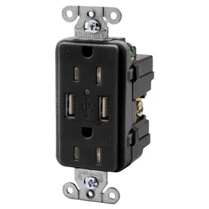 Image of USBB15BK Straight Blade Devices, Receptacles, Duplex, USB Charger, 5V 3A, 2-Port, 15A 125V, 2-Pole 3-Wire Grounding, 5-15R, Black