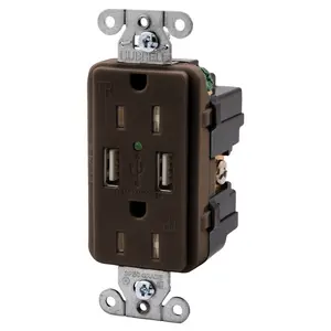 Image of USBB15 Straight Blade Devices, Receptacles, Duplex, USB Charger, 5V 3A, 2-Port, 15A 125V, 2-Pole 3-Wire Grounding, 5-15R, Brown