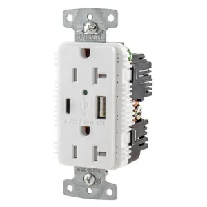 Image of USBB20AC5W USB Charger Duplex Receptacle, 20A 125V, 2-Pole 3-Wire Grounding, 5-20R, 1) 5A "C" USB and "A" Ports, White