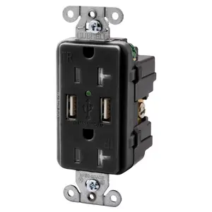 Image of USBB20BK Straight Blade Devices, Receptacles, Duplex, USB Charger, 5V 3A, 2-Port, 20A 125V, 2-Pole 3-Wire Grounding, 5-20R, Black