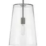 Brushed nickel one-light medium pendant with a clear glass shade.