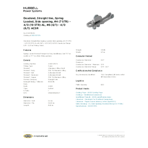 Deadend, Straight line, Spring Loaded, Side opening, #4 (7 STR) - 4/0 (19 STR) AL, #6 (6/1) - 4/0 (6/1) ACSR | ASOD5701N | Hubbell Power Systems Deadend, Straight line, Spring Loaded, Side opening, #4 (7 STR) - 4/0 (19 STR) AL, #6 (6/1) - 4/0 (6/1) ACSR | ASOD5701N | Hubbell Power Systems