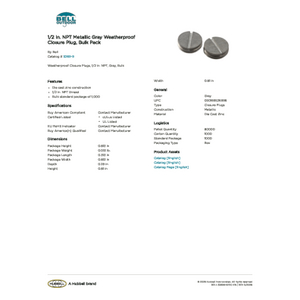 Hubbell-Bell 5269-9 Weatherproof Closure Plug | 1/2 Inch NPT Thread, Zinc Construction 2 thumbnail image
