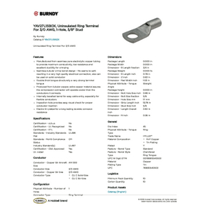 YAV27L15BOX, Uninsulated Ring Terminal For 3/0 AWG, 1-Hole, 5/8