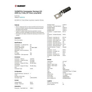 YAZ26TC14, Compression Terminal, 2/0 AWG Cu, 1-Hole, 1/4