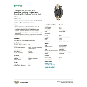Locking Devices, Industrial, Flush Receptacle, 20A 125V, 2-Pole 3
