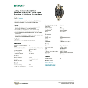 Locking Devices, Industrial, Flush Receptacle, 20A 277V AC, 2-Pole