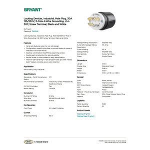 Locking Devices, Industrial, Male Plug, 30A 125/250V, 3-Pole 4