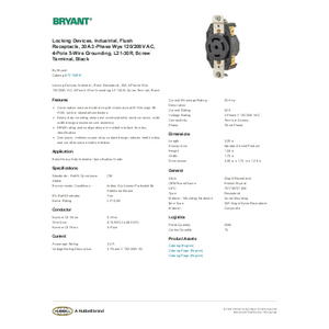 Locking Devices, Industrial, Flush Receptacle, 30A 3-Phase Wye 120